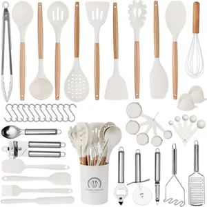 47-piece silicone kitchen utensil set with wooden handles and storage bucket for nonstick cookware