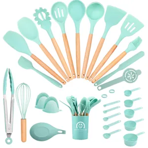 28-piece silicone kitchen utensil set with wooden handles, heat-resistant cooking tools.
