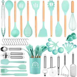 47-piece silicone kitchen utensil set with holder and heat-resistant tools for cooking.