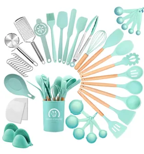 Detailed view of the 43-piece mint green silicone kitchen utensil set with wooden handles.