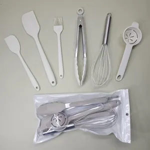 6-piece silicone kitchen utensil set including spatulas, oil brush, whisk, and food tongs.