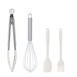 Set of 4 mini silicone baking tools including food tongs, whisk, spatula, and oil brush.