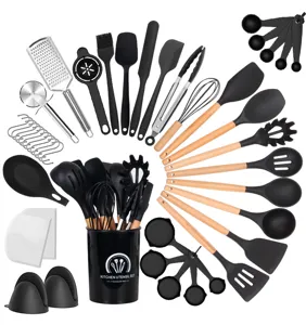 43-piece silicone kitchen utensil set with wooden handles and storage holder for cooking.