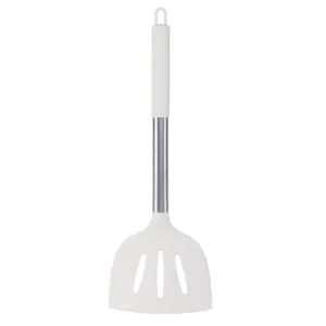 Large silicone slotted spatula with stainless steel handle, heat resistant kitchen cooking tool.