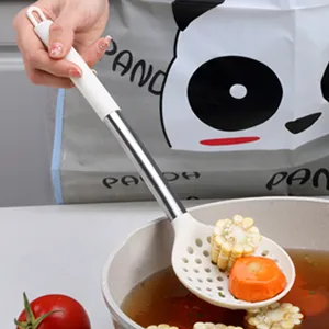 Silicone slotted spoon with stainless steel handle for non-stick cookware kitchen cooking.