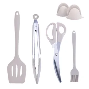 Modern Minimalistisch Silikon Edelstahl Küche Kochen Utensilien Set Hitzebeständig Antihaft Backen BBQ Pfannenwender Lebensmittelzange Ölpinsel Schere Ofenhandschuhe Für Zuhause Camping Küchenhelfer