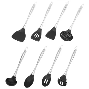 Stainless steel silicone kitchen utensil set 8-piece non-stick cookware cooking tools white background