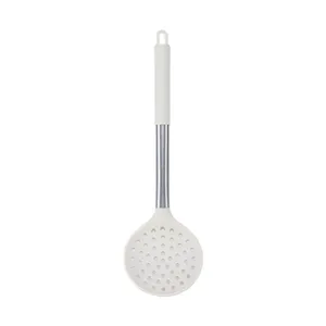 Silicone slotted spoon with stainless steel handle, heat resistant kitchen cooking skimmer.