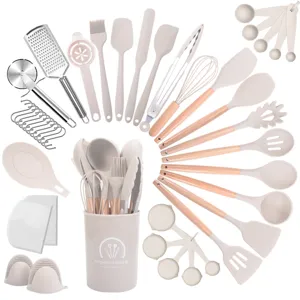 Modern Minimalist Heat Resistant Silicone Beechwood Kitchen Utensil Set Non-Stick Spatula Spoon Cooking Tools With Storage Bucket