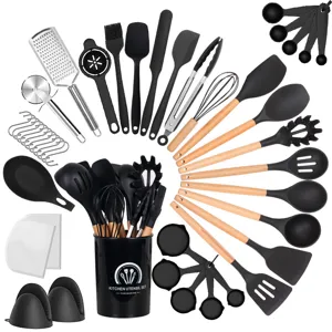 43pcs silicone kitchen utensil set with wooden handles, heat resistant cooking tools holder.