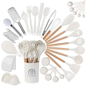 43-piece silicone kitchen utensil set with wooden handles, non-stick cooking tools and holder.