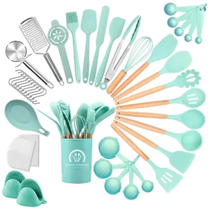 43-Piece Silicone Kitchen Utensil Set with Wooden Handles Non-Stick Cooking Tool Holder