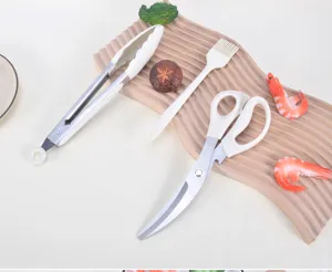 Detailed view of kitchen BBQ tool set including food tongs, oil brush and stainless steel scissors.