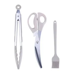 Stainless Steel And Silicone BBQ Tool Set Kitchen Food Tongs Scissors And Oil Brush For Outdoor Grilling Cooking