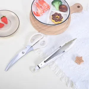 Stainless steel kitchen scissors and food tongs set, durable silicone handle for cooking and BBQ.