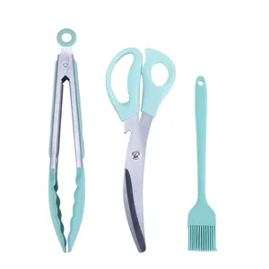 Korean style BBQ tool set including food tongs, kitchen scissors, and silicone oil brush.