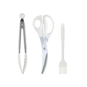 Detail view of Korean BBQ tool set including food tongs, kitchen scissors and oil brush.