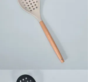 Silicone slotted spoon with wooden handle, heat resistant kitchen cooking utensil detail view.