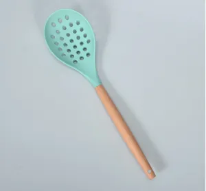 Large silicone slotted spoon with wooden handle for non-stick cookware cooking kitchen tool