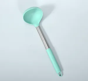 Silicone soup ladle detail showing heat-resistant mint green head and sturdy stainless steel handle.
