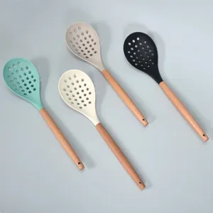 Silicone Slotted Spoon Set Large Kitchen Cooking Skimmer with Wooden Handle Nonstick