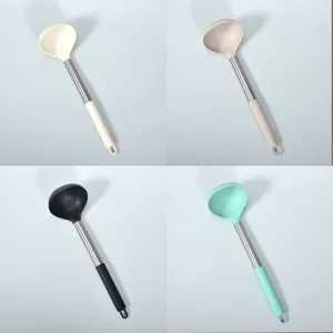 Stainless steel silicone soup ladle kitchen cooking spoon set multi-color food grade durable.