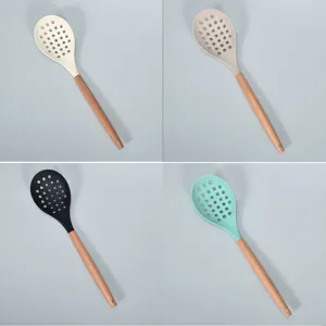 Large silicone slotted cooking spoon with wooden handle, heat resistant kitchen colander tool.