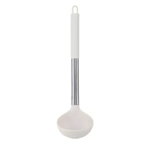 Stainless steel tube handle silicone soup spoon, white heat resistant kitchen cooking ladle tool.