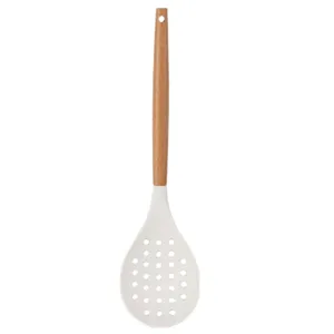 Silicone slotted spoon with wooden handle heat resistant kitchen cooking tool strainer