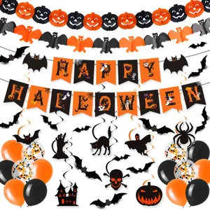 Halloween Theme Party Decoration Supplies Cartoon Pumpkin Bat Banner Paper Garland Spiral Hanging Ornaments Latex Balloons Set For Festival Shopping Mall Home Decor