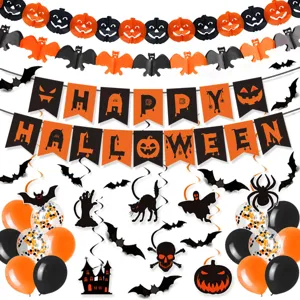 Halloween party decoration set with banners, paper flowers, balloons, and hanging swirls.