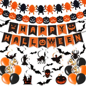 Halloween party decoration set details showing black and orange bat banners and balloons.