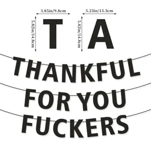 Black glitter Thanksgiving banner letter decorations with hanging string and size guide.