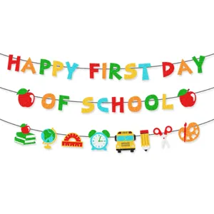 Glitter Happy First Day Of School Banner Back To School Party Decorations Classroom Welcome Garland School Bus Apple Paper Bunting For Kindergarten Nursery Party Ornaments