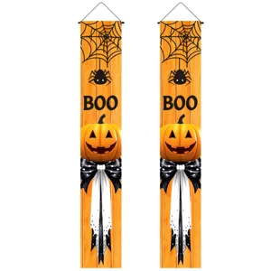 Halloween porch banner hanging flag set, spooky pumpkin spider web party decor for home.