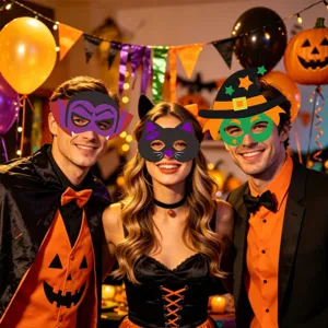 Halloween party decorative masks and costume props detail view for spooky celebration.