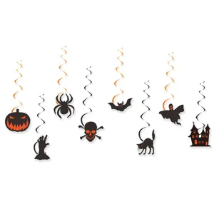 Halloween hanging swirl decorations set featuring bats, pumpkins, ghosts, and skulls.
