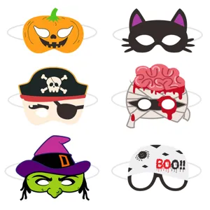 Close-up detail of Halloween party decorative masks set featuring cute spooky designs for dress up.