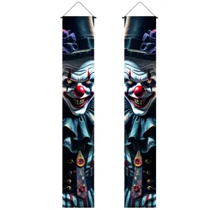 Halloween horror clown porch banner detail, spooky hanging decoration flags for festival party.
