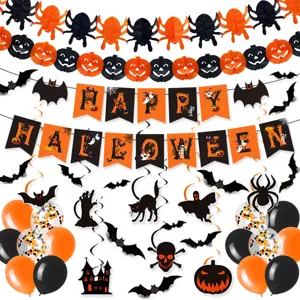 Halloween party decoration set with pumpkin spider banners and balloons for holiday decor