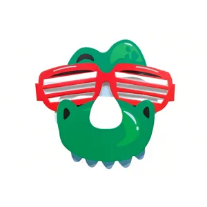 Detalle de gafas de fiesta de cocodrilo verde novedosas con diseño de persiana roja.
