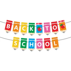 Banner de fiesta de regreso a clases, banderines coloridos en forma de lápiz para el aula.