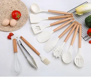 19-piece silicone kitchen utensil set with wooden handles for non-stick cookware cooking