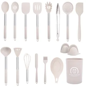 17-teiliges Silikon Küchenhelfer Set mit hitzebeständigen Köpfen und Edelstahlgriffen.