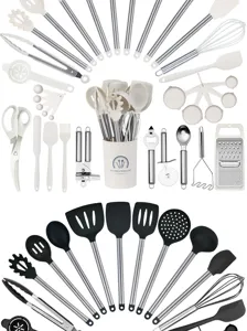 Kitchen utensil set heat-resistant silicone spatula tongs whisk cooking tools 34pcs white black