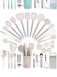 34-piece silicone kitchen utensil set with stainless steel handles heat resistant tools