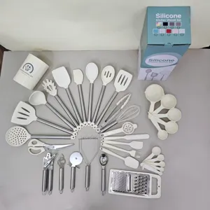 34-piece silicone kitchen utensil set with stainless steel handles, heat resistant cooking tools