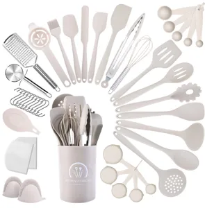 Kitchen utensil set heat resistant silicone spatula spoon cooking tools set beige