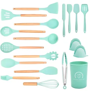 19-piece silicone kitchen utensil set with wooden handles, heat-resistant cooking tool set.
