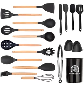 19-piece silicone kitchen utensil set with wooden handles for non-stick cookware cooking.